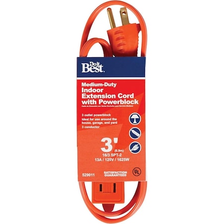 All-Source SPT-2 Extension Cord, 16 AWG, Indoor, 16/3, 3 Outlets, Orange, 3 ft OP-PT2163-3-OR